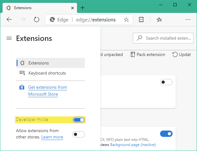 Edge extensions developer mode